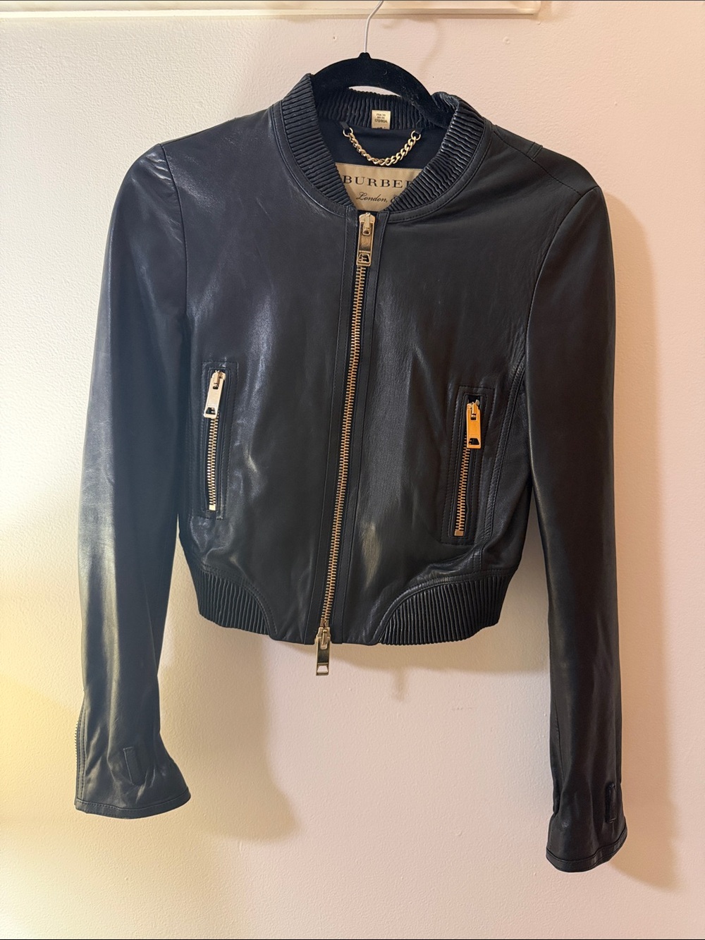 Burberry Black Leather Bomber Jacket with Gold Zippers - Women's